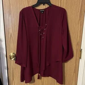 Roz & Ali Burgundy Lace-Up Blouse